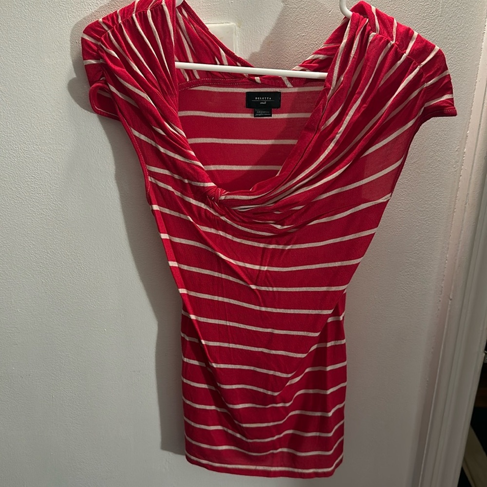 Anthropologie/Deletta: Cherry Red /Off-white striped top, cowl neck - Small
